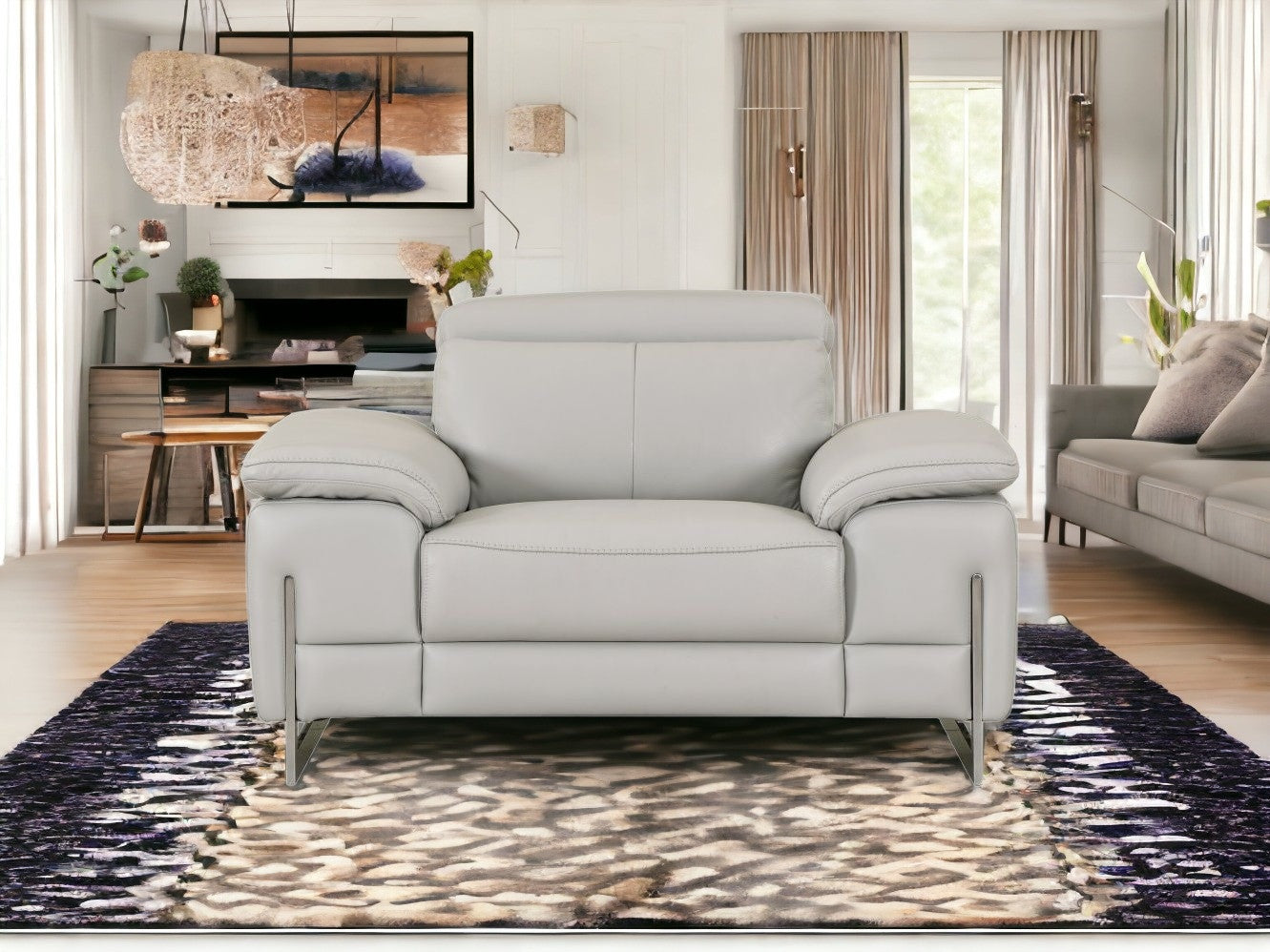 51" Gray And Silver Genuine Leather Chair and a Half-Accent Chairs-DECOROLALA