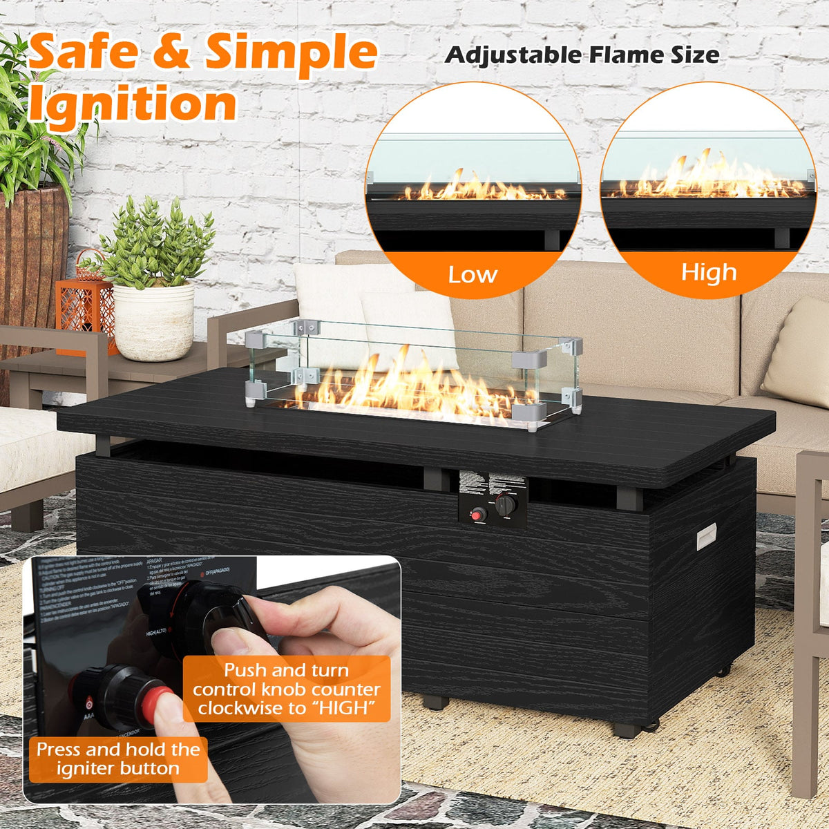 51 Inch Propane Fire Pit Table with Removable Lid-Black-Fire Pit Tables-DECOROLALA