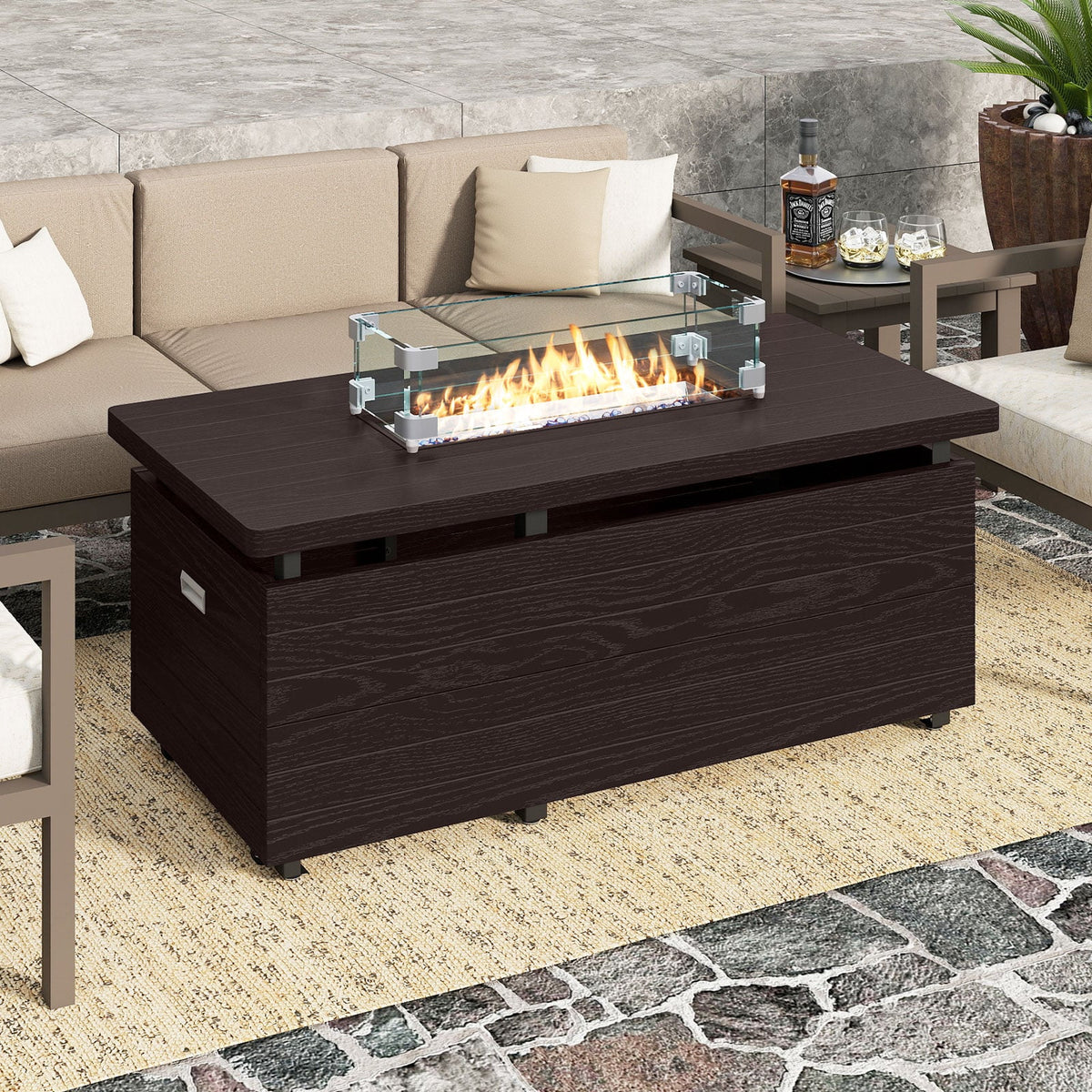 51 Inch Propane Fire Pit Table with Removable Lid-Brown-Fire Pit Tables-DECOROLALA