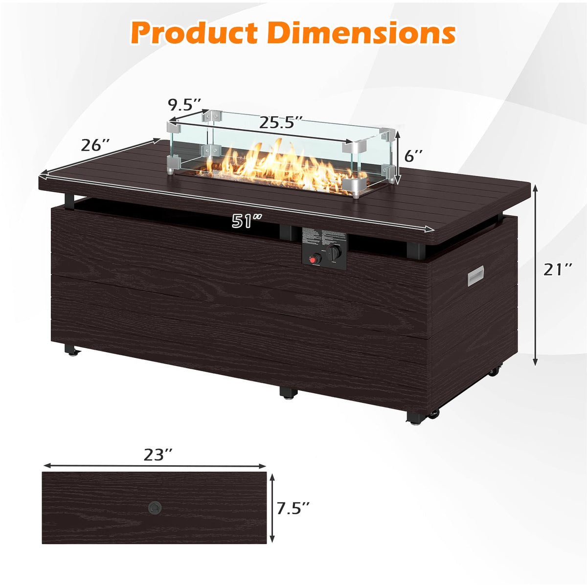 51 Inch Propane Fire Pit Table with Removable Lid-Brown-Fire Pit Tables-DECOROLALA