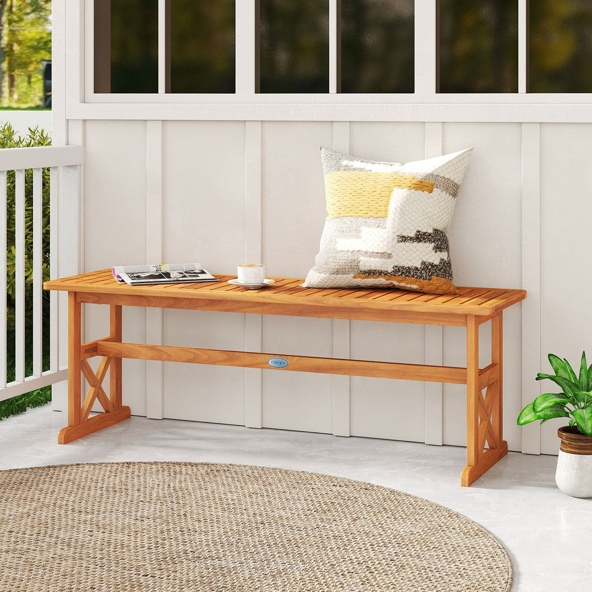 51 Inches Outdoor Acacia Wood Bench with Slatted Seat and 800 lbs Weight Capacity-1 Piece-Outdoor Benches-DECOROLALA