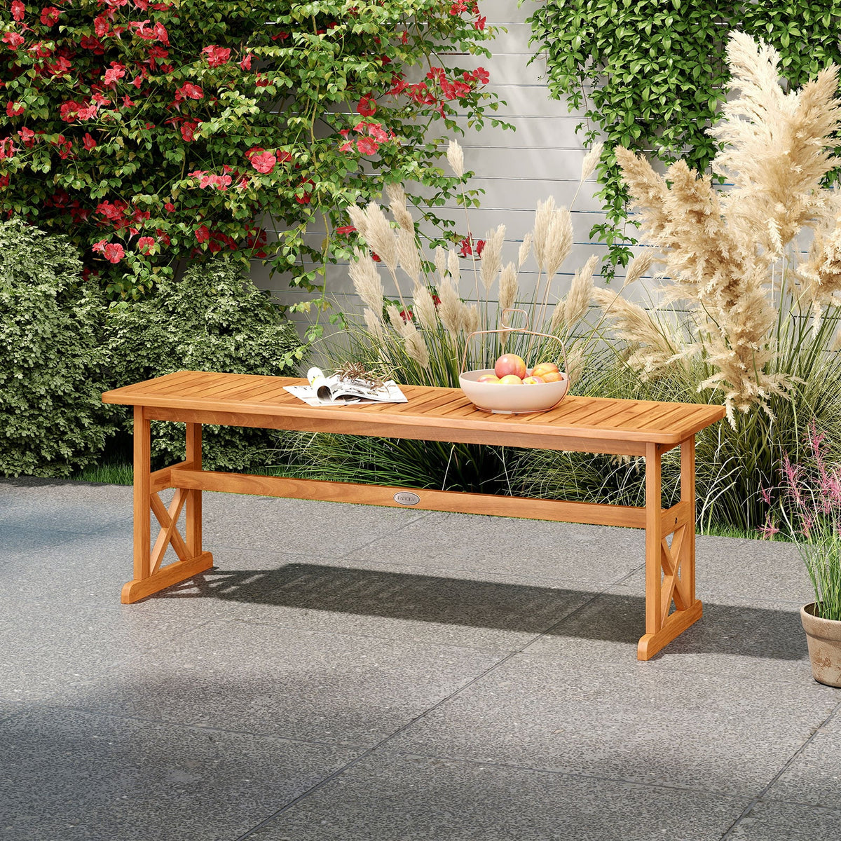 51 Inches Outdoor Acacia Wood Bench with Slatted Seat and 800 lbs Weight Capacity-1 Piece-Outdoor Benches-DECOROLALA