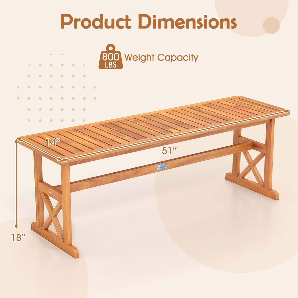 51 Inches Outdoor Acacia Wood Bench with Slatted Seat and 800 lbs Weight Capacity-1 Piece-Outdoor Benches-DECOROLALA