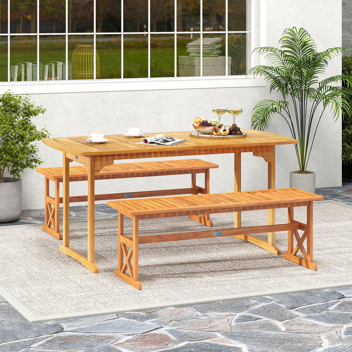 51 Inches Outdoor Acacia Wood Bench with Slatted Seat and 800 lbs Weight Capacity-1 Piece-Outdoor Benches-DECOROLALA