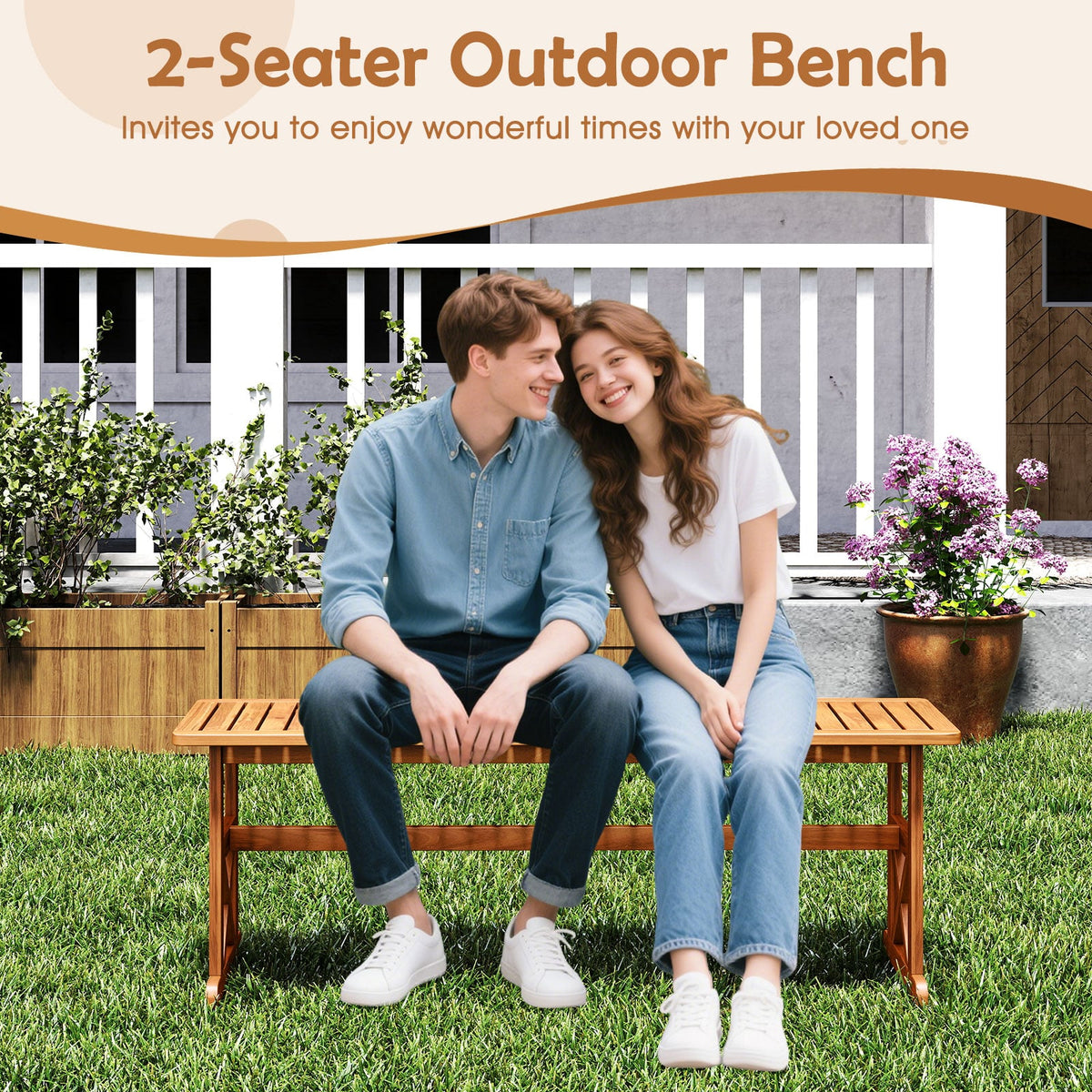 51 Inches Outdoor Acacia Wood Bench with Slatted Seat and 800 lbs Weight Capacity-1 Piece-Outdoor Benches-DECOROLALA