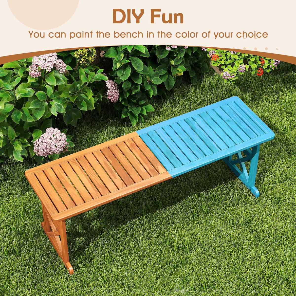 51 Inches Outdoor Acacia Wood Bench with Slatted Seat and 800 lbs Weight Capacity-1 Piece-Outdoor Benches-DECOROLALA