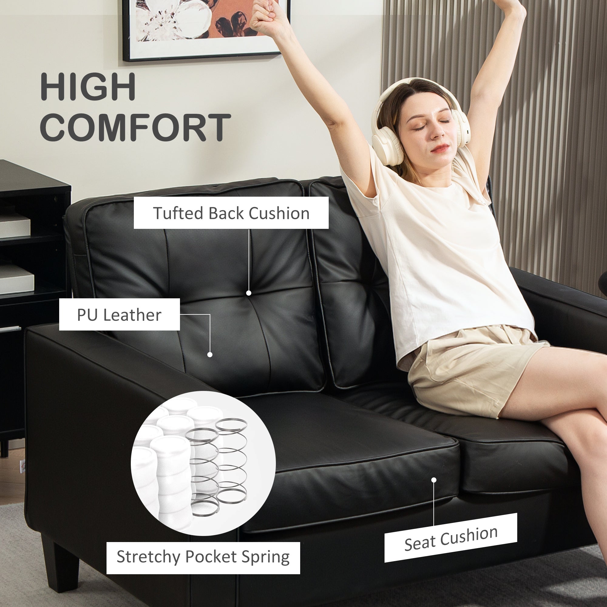 51" Loveseat Sofa - Black PU Leather Upholstered-DECOROLALA