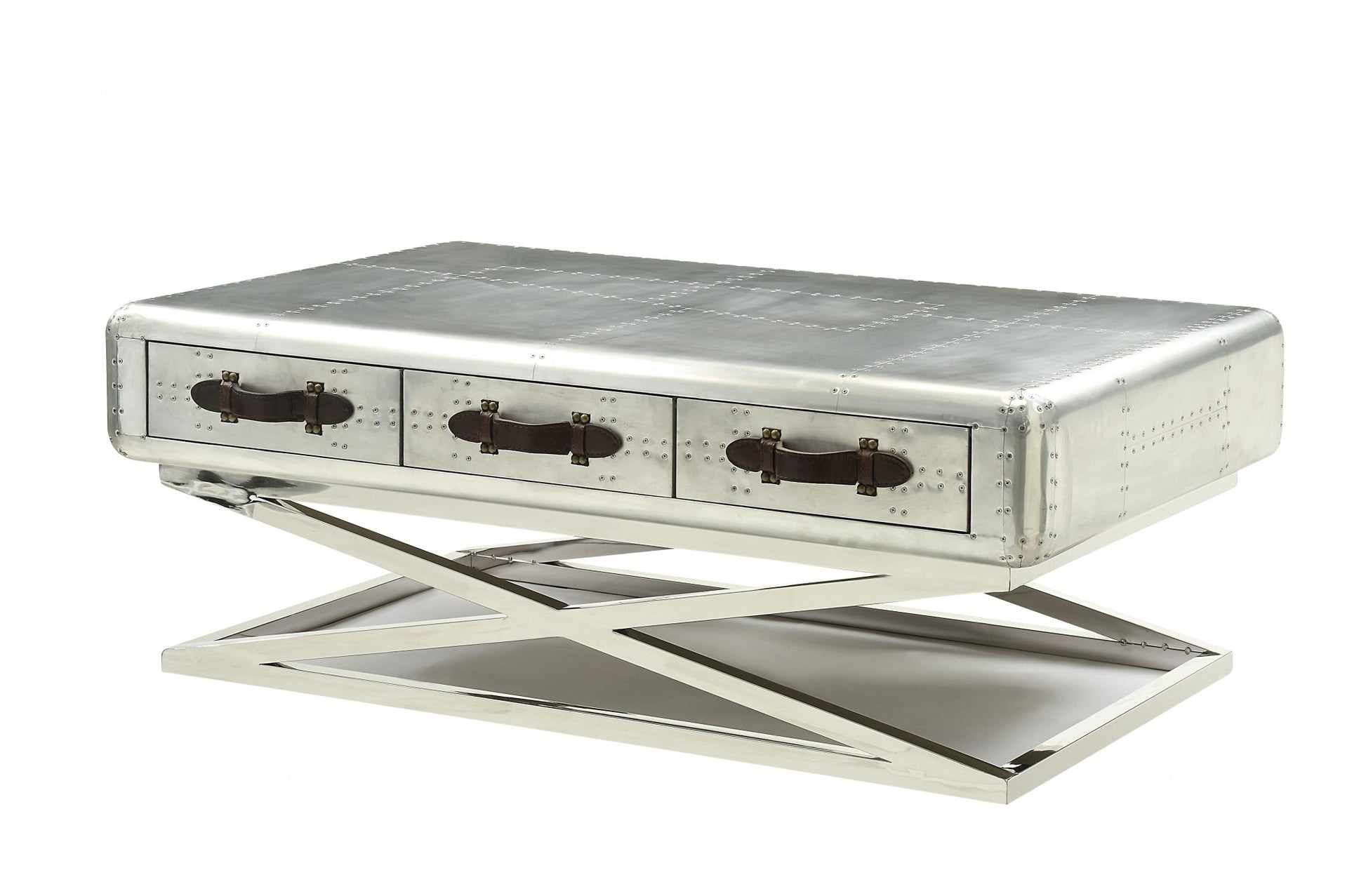 51" Silver Aluminum Trestle Coffee Table With Three Drawers-Coffee Tables-DECOROLALA