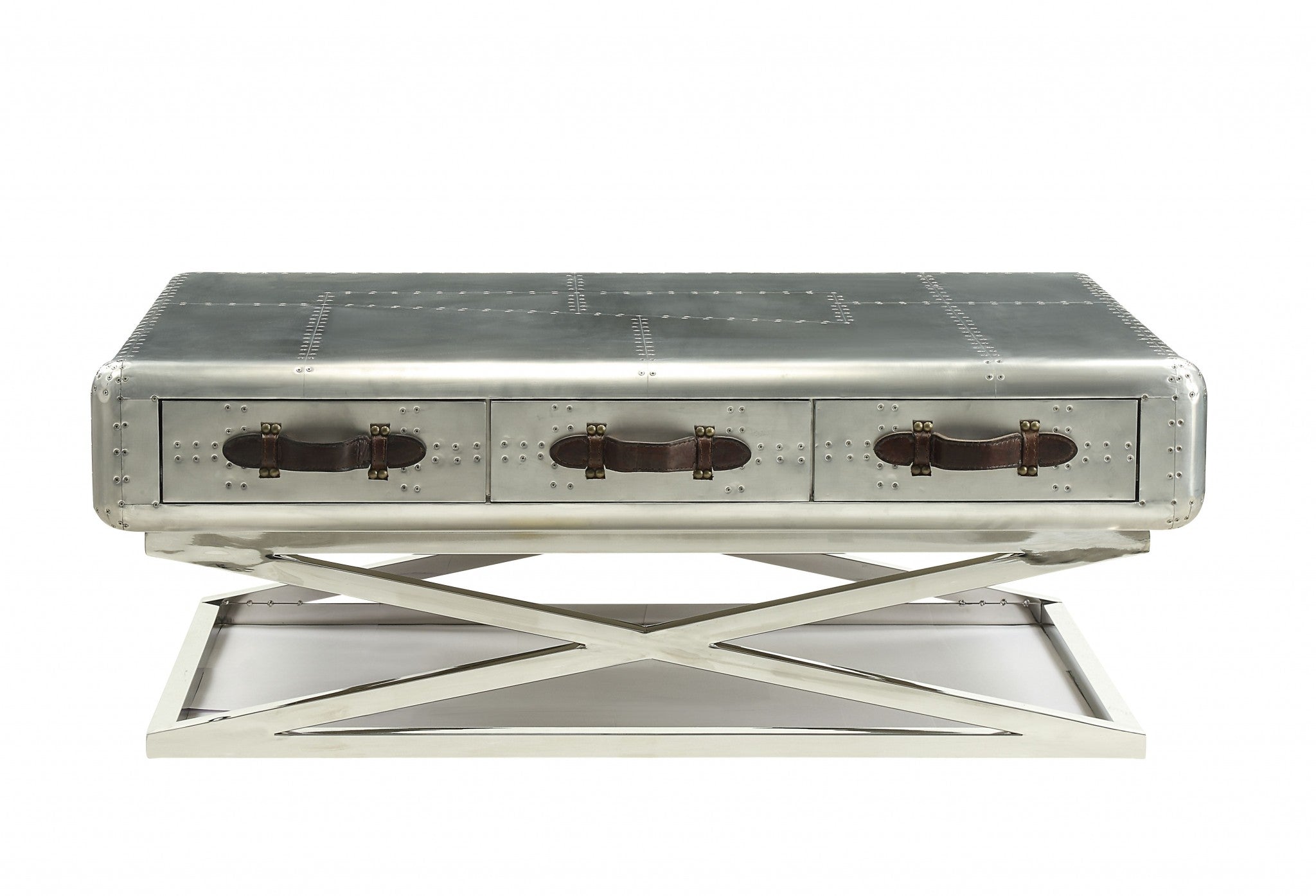 51" Silver Aluminum Trestle Coffee Table With Three Drawers-Coffee Tables-DECOROLALA