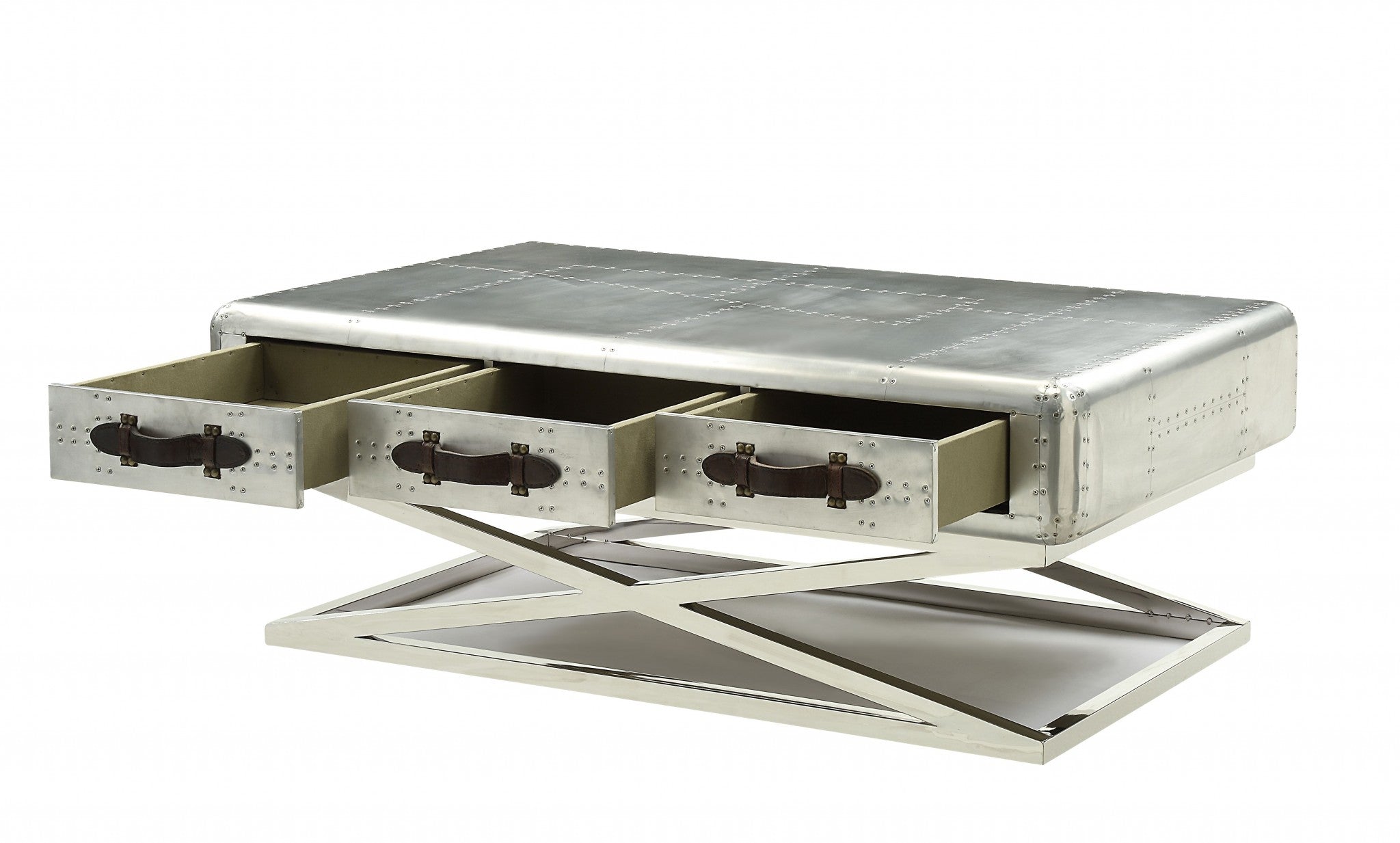 51" Silver Aluminum Trestle Coffee Table With Three Drawers-Coffee Tables-DECOROLALA