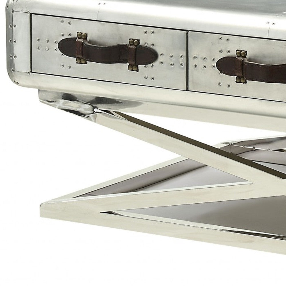 51" Silver Aluminum Trestle Coffee Table With Three Drawers-Coffee Tables-DECOROLALA