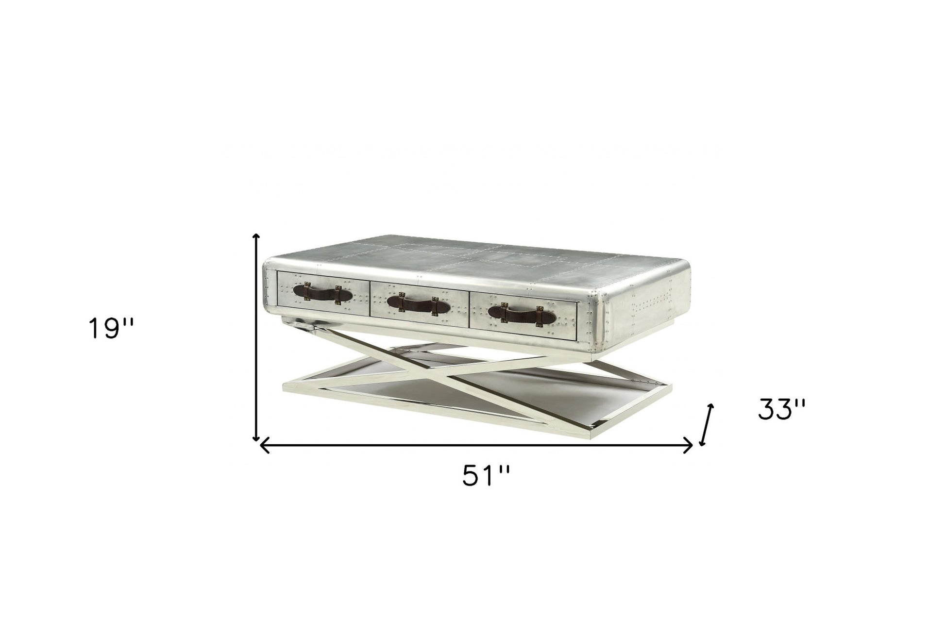 51" Silver Aluminum Trestle Coffee Table With Three Drawers-Coffee Tables-DECOROLALA
