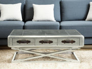 51" Silver Aluminum Trestle Coffee Table With Three Drawers-Coffee Tables-DECOROLALA