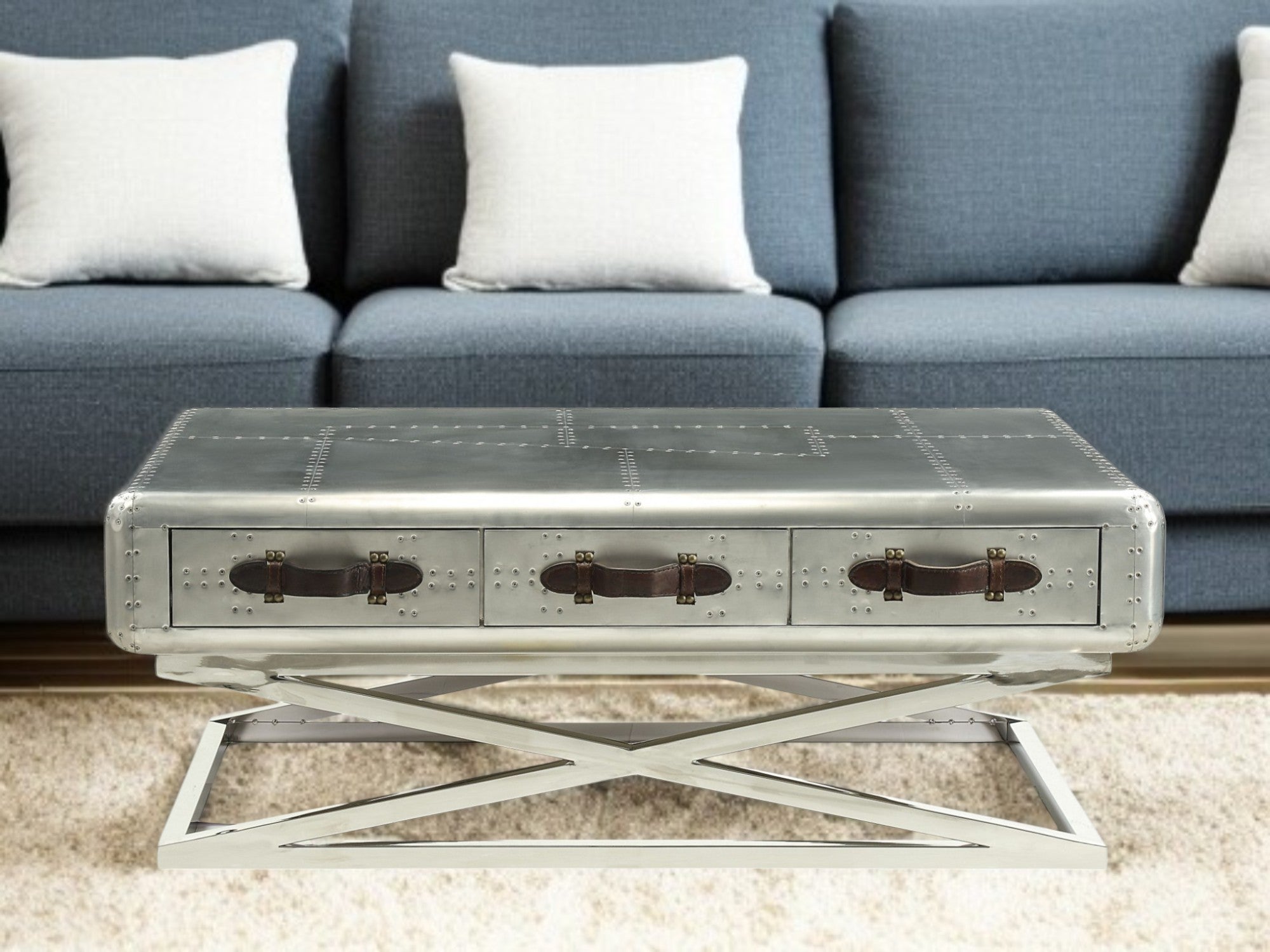 51" Silver Aluminum Trestle Coffee Table With Three Drawers-Coffee Tables-DECOROLALA