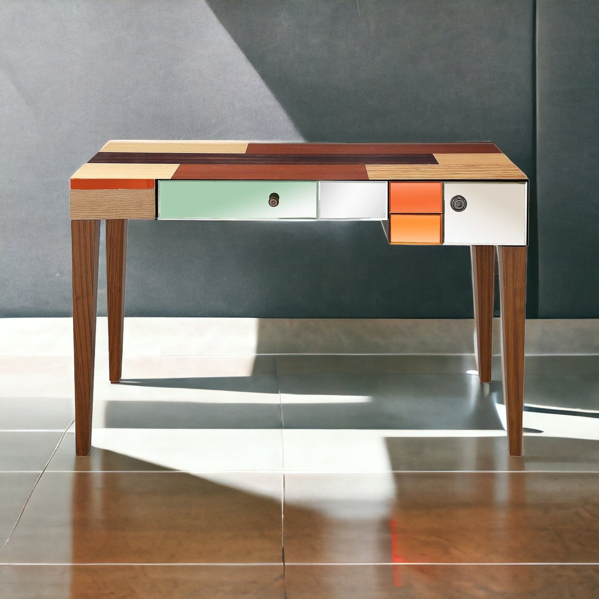 51" Wood Brown and Brown Mirrored Console Table With Storage-Console Tables-DECOROLALA