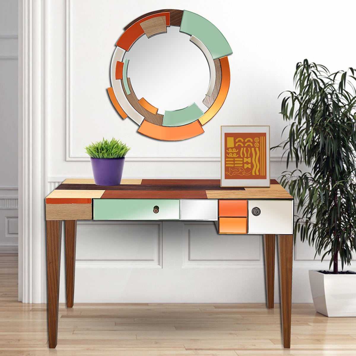51" Wood Brown and Brown Mirrored Console Table With Storage-Console Tables-DECOROLALA