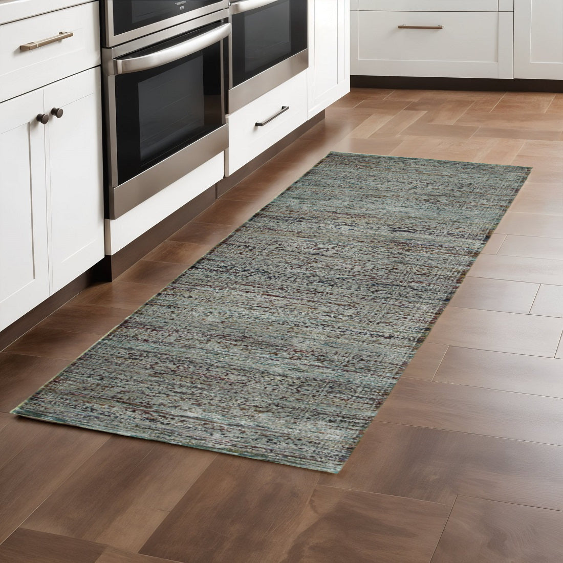 8' Blue And Green Oriental Runner Rug-0
