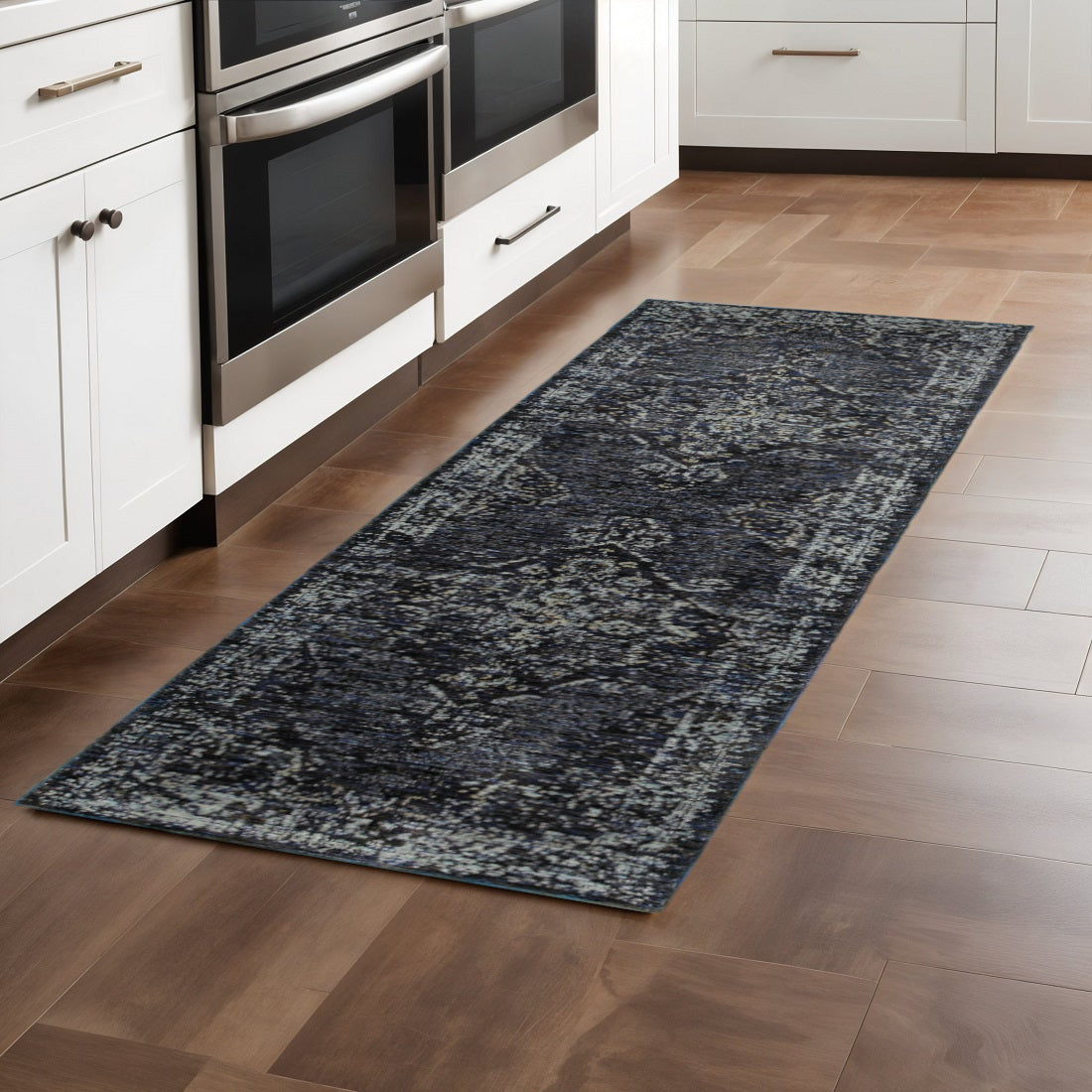8' Blue And Ivory Oriental Runner Rug-0