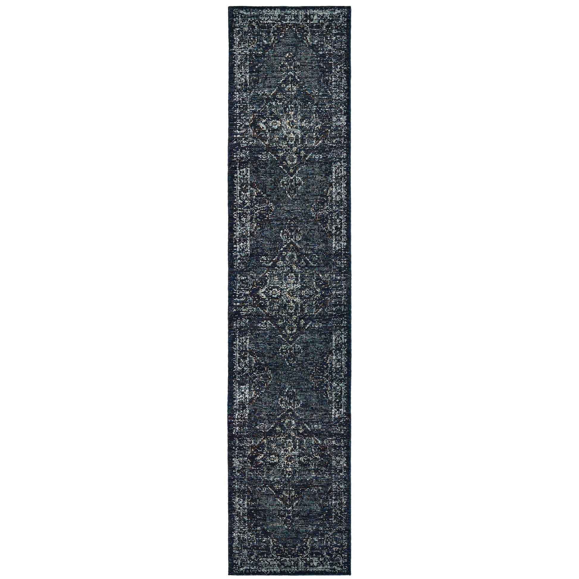 12' Blue And Brown Oriental Runner Rug-1