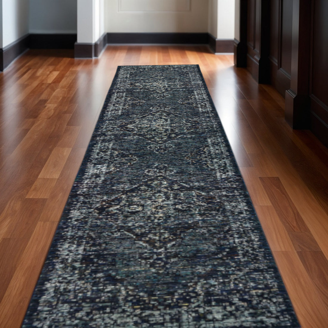 12' Blue And Brown Oriental Runner Rug-0