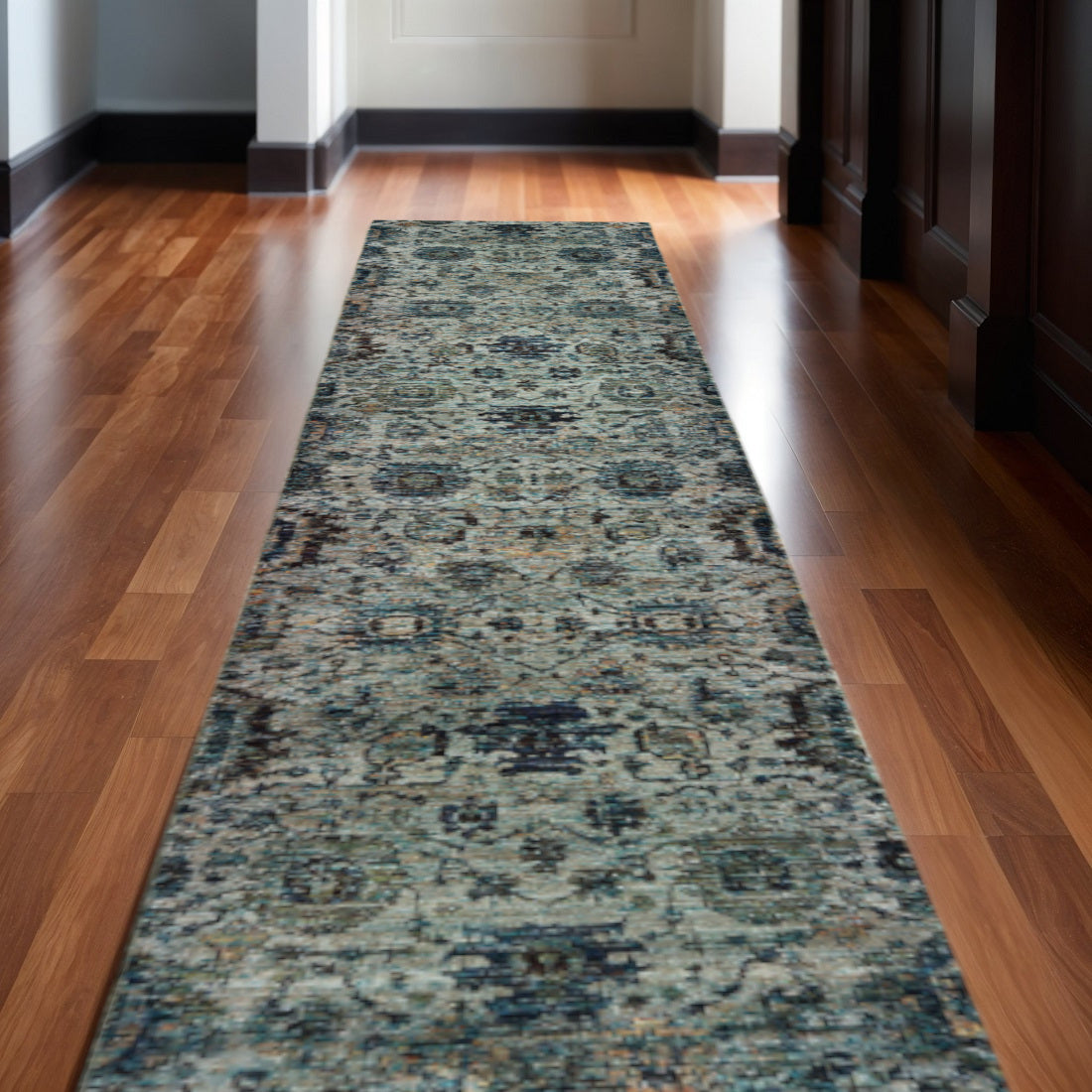 12' Blue Oriental Runner Rug-0