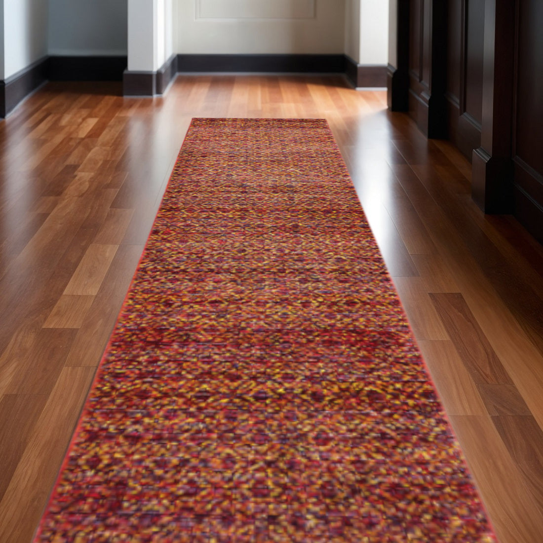 12' Red Gold And Blue Geometric Runner Rug-0