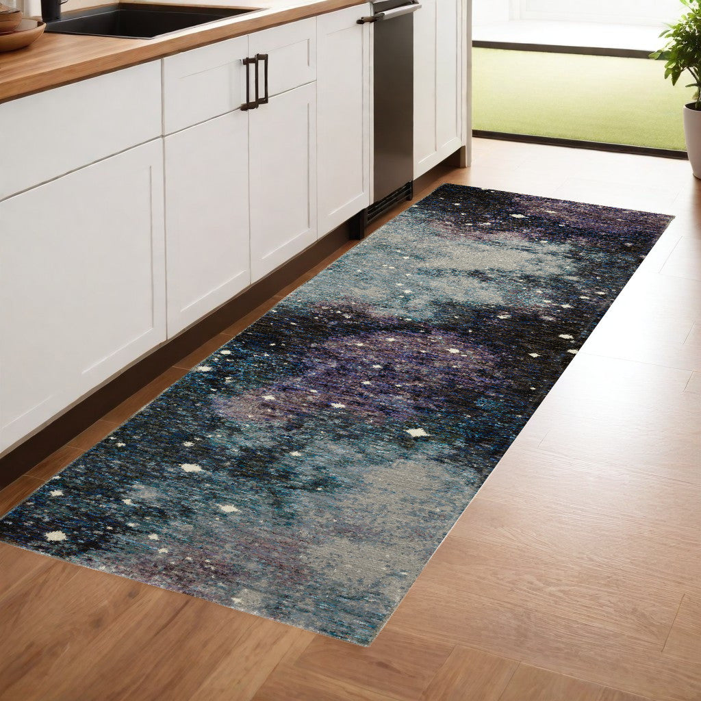 8' Purple And Ivory Abstract Runner Rug-0