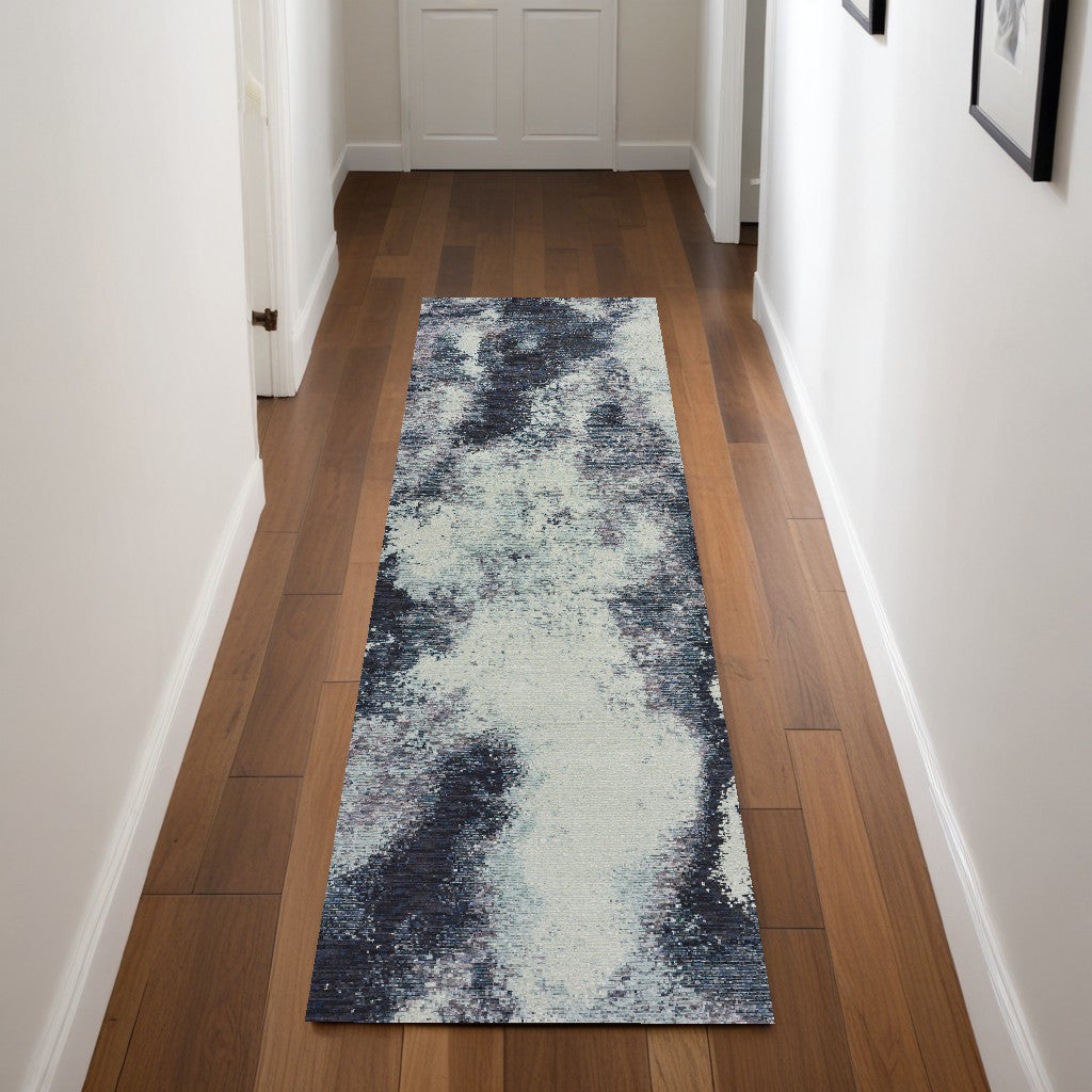 8' Blue And Ivory Abstract Runner Rug-0