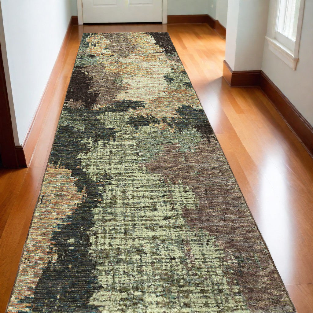 12' Blue And Brown Abstract Runner Rug-0