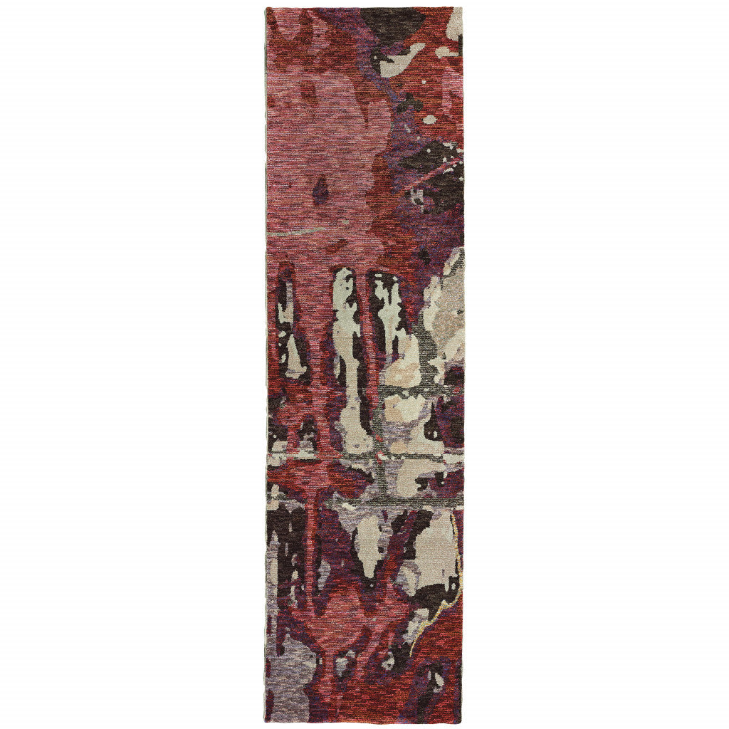 12' Red And Beige Abstract Runner Rug-1