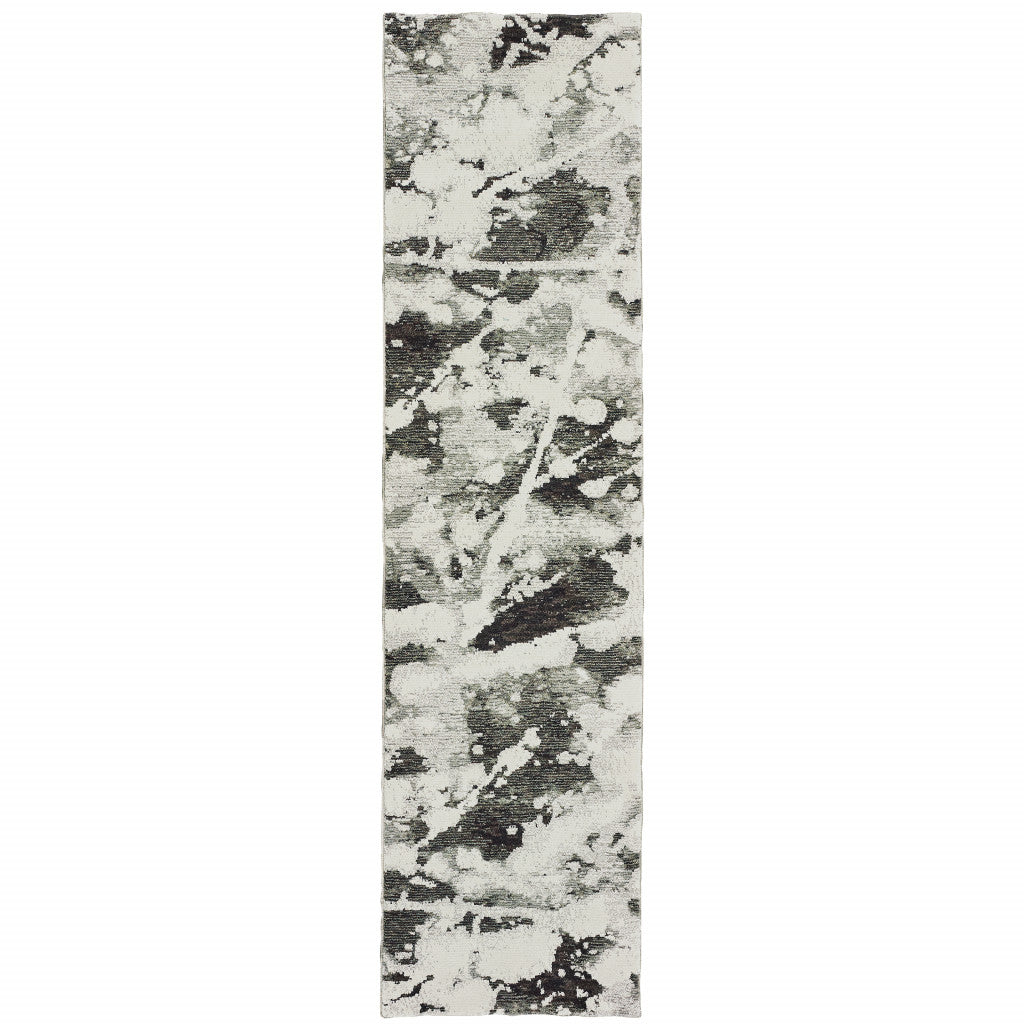 12' Charcoal And White Abstract Runner Rug-1