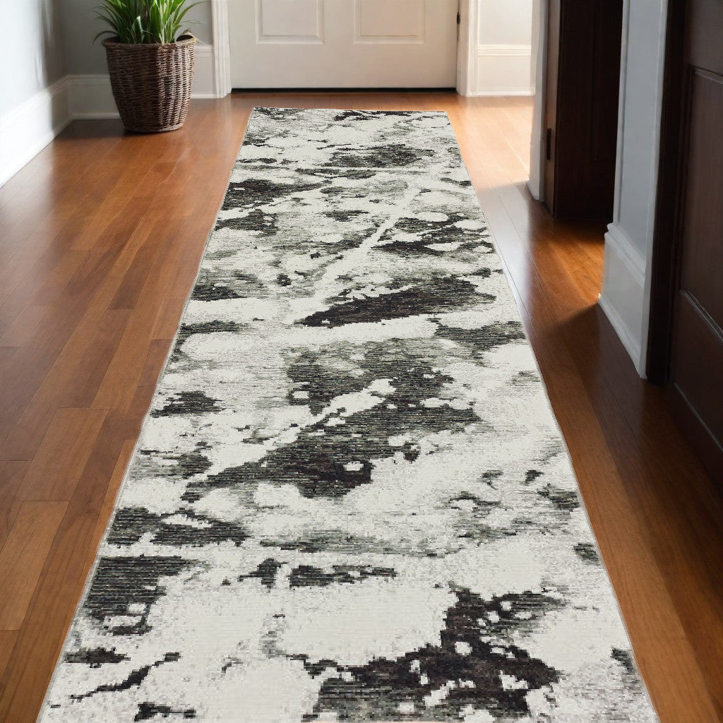 12' Charcoal And White Abstract Runner Rug-0
