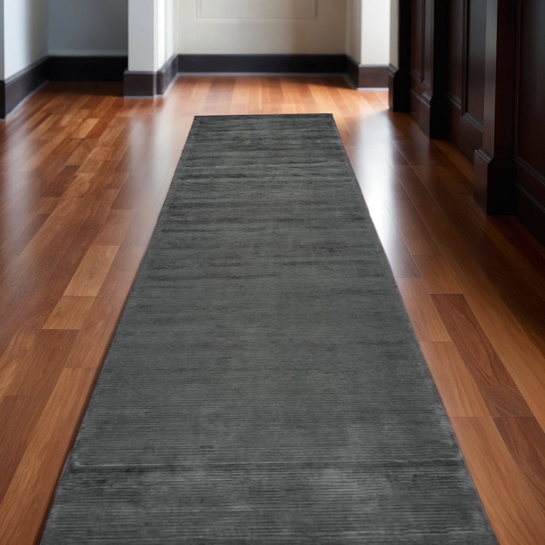 10' Gray And Black Hand Woven Runner Rug-0