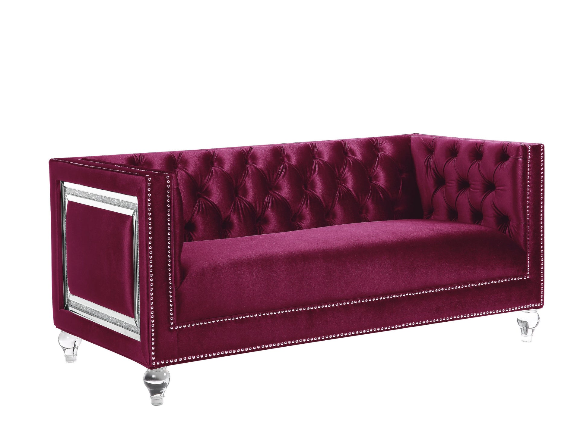 67" Burgundy And Silver Velvet Loveseat and Toss Pillows-Love Seats-DECOROLALA