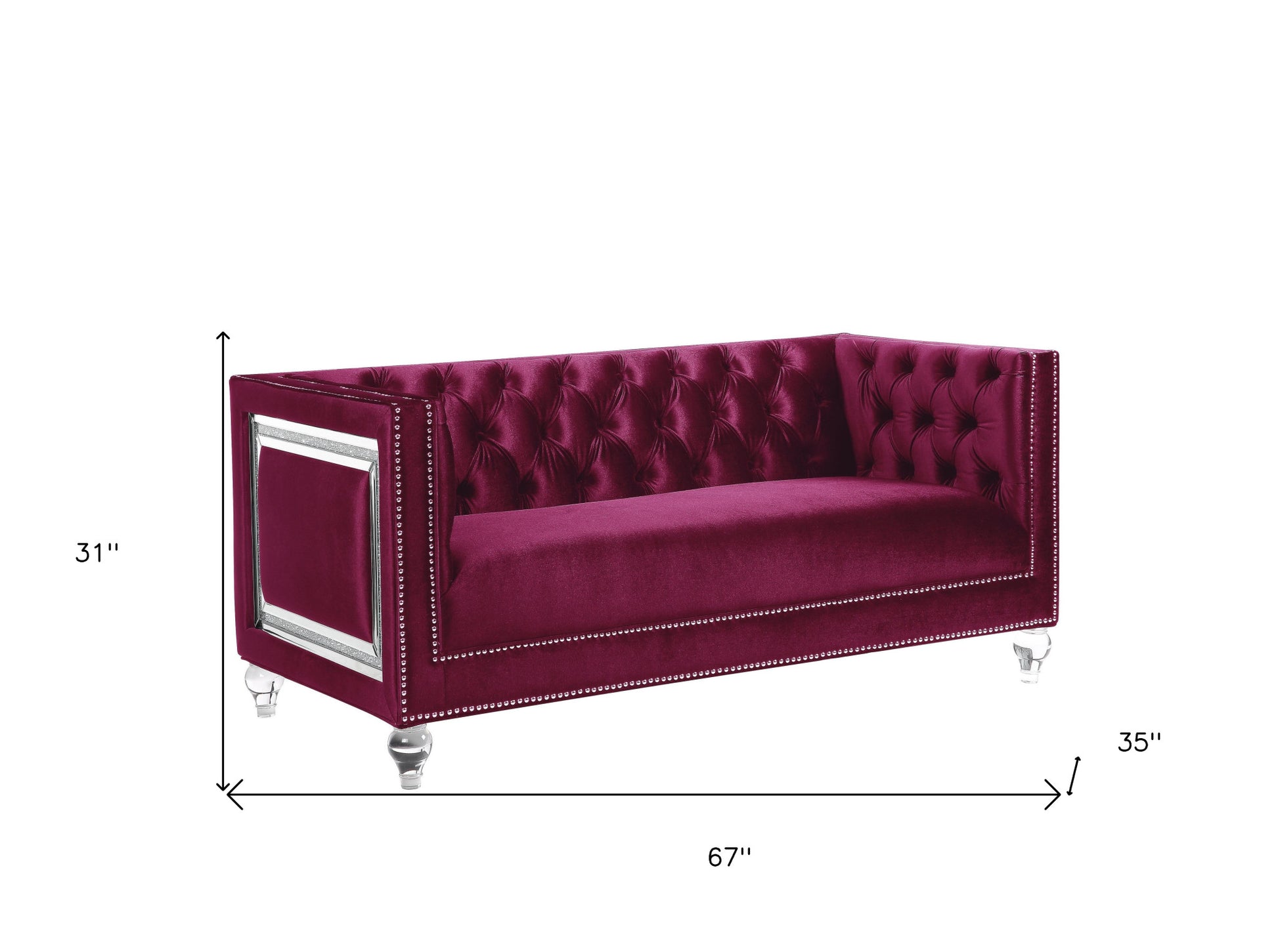 67" Burgundy And Silver Velvet Loveseat and Toss Pillows-Love Seats-DECOROLALA