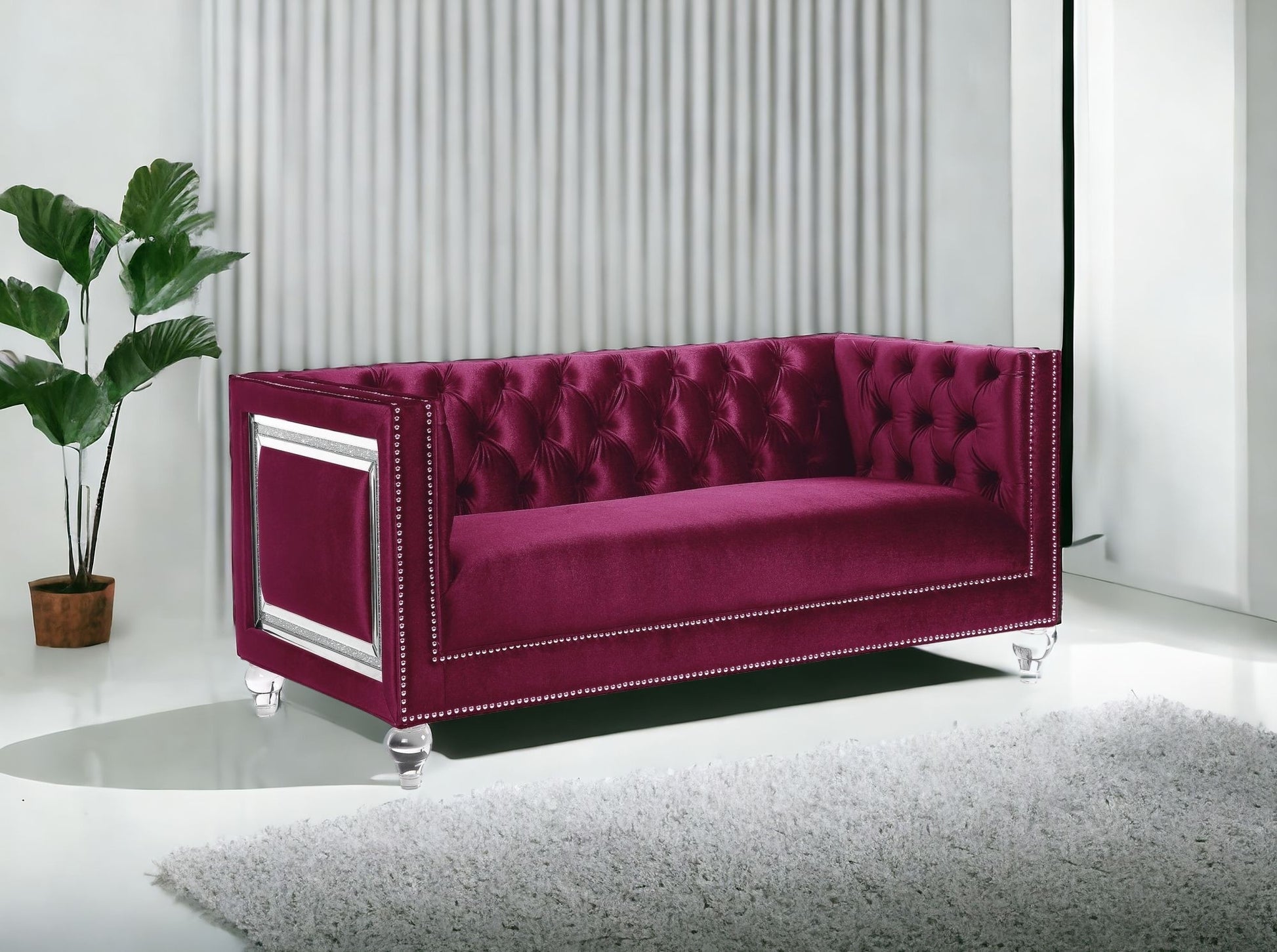 67" Burgundy And Silver Velvet Loveseat and Toss Pillows-Love Seats-DECOROLALA