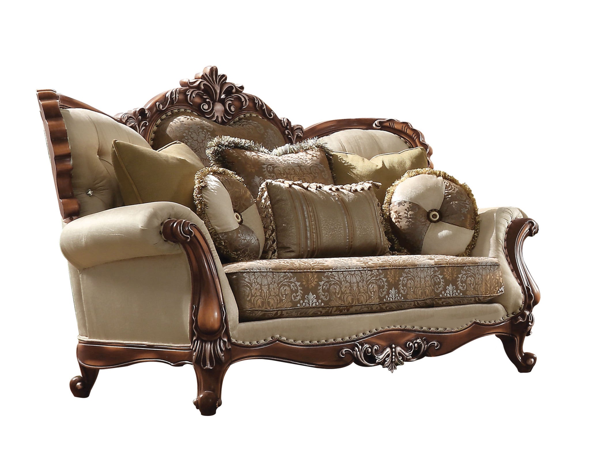 74" Tan And Brown Velvet Damask Curved Loveseat and Toss Pillows-Love Seats-DECOROLALA