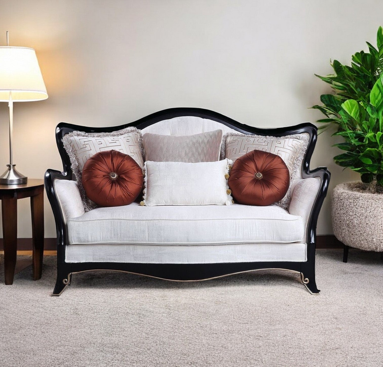 66" Beige And Black Cotton Blend Loveseat and Toss Pillows-Love Seats-DECOROLALA