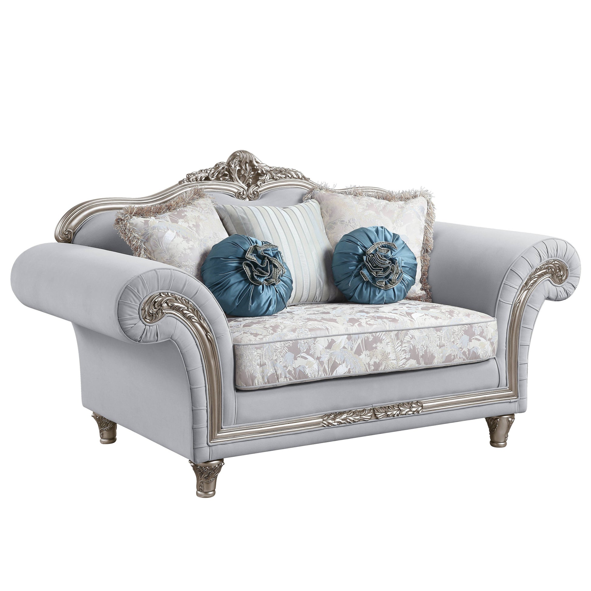 76" Light Gray And Platinum Linen Loveseat and Toss Pillows-Love Seats-DECOROLALA