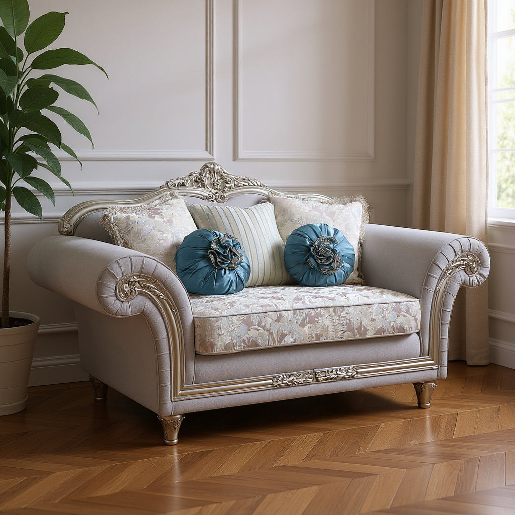 76" Light Gray And Platinum Linen Loveseat and Toss Pillows-Love Seats-DECOROLALA