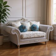 76" Light Gray And Platinum Linen Loveseat and Toss Pillows-Love Seats-DECOROLALA