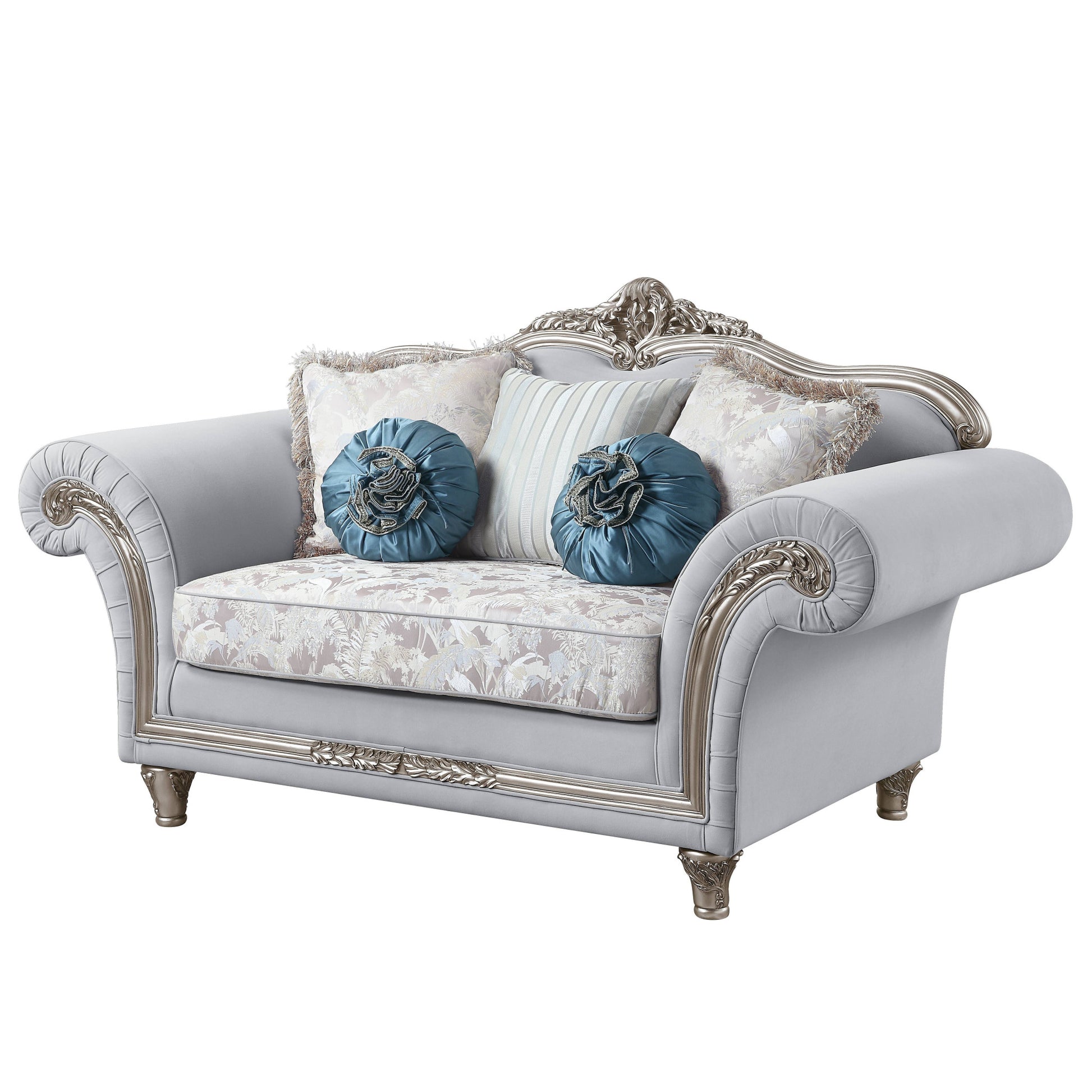76" Light Gray And Platinum Linen Loveseat and Toss Pillows-Love Seats-DECOROLALA