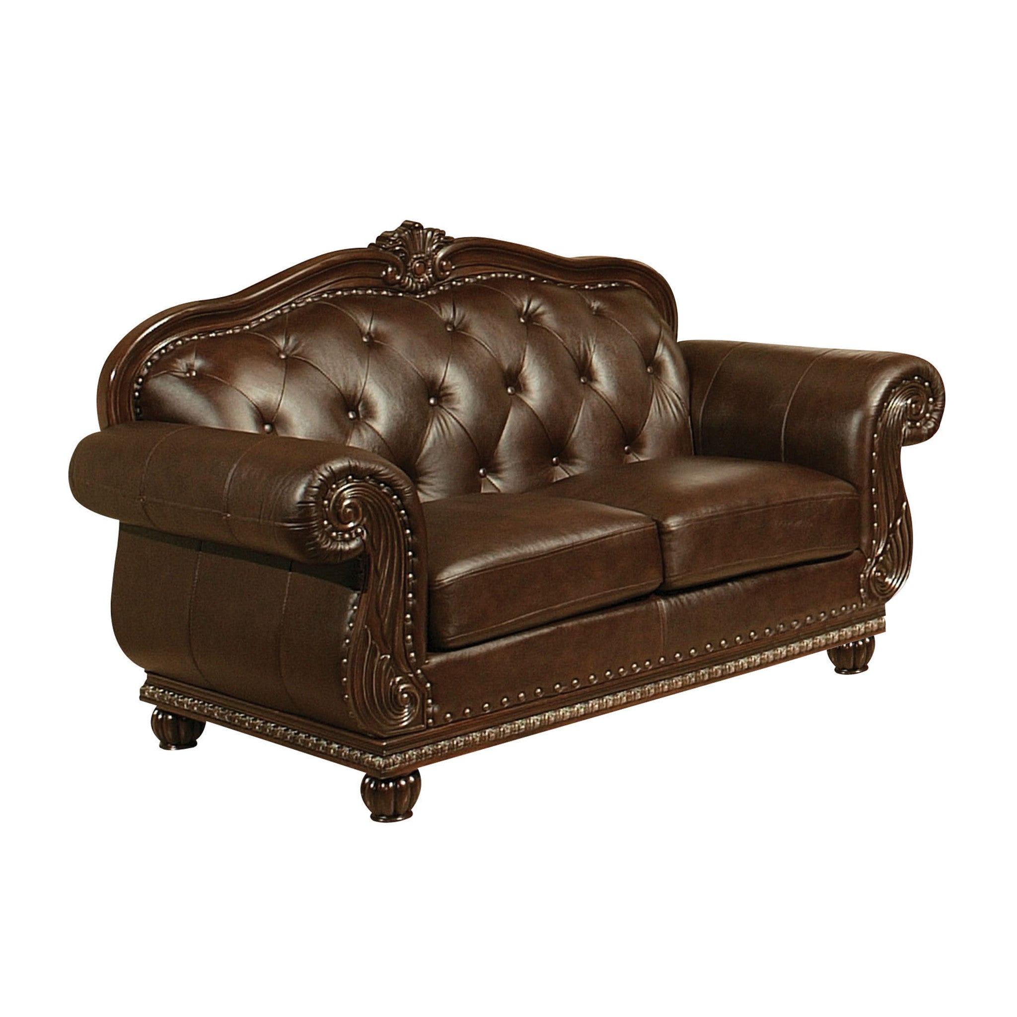 70" Espresso Faux Leather And Black Nailhead Love Seat-1