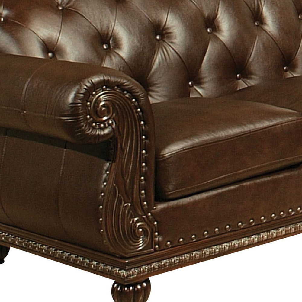 70" Espresso Faux Leather And Black Nailhead Love Seat-2
