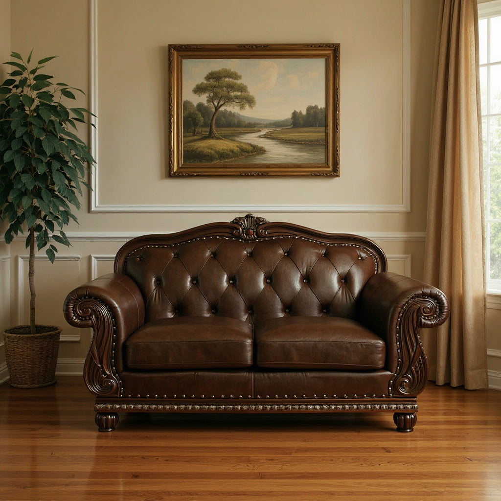 70" Espresso Faux Leather And Black Nailhead Love Seat-0