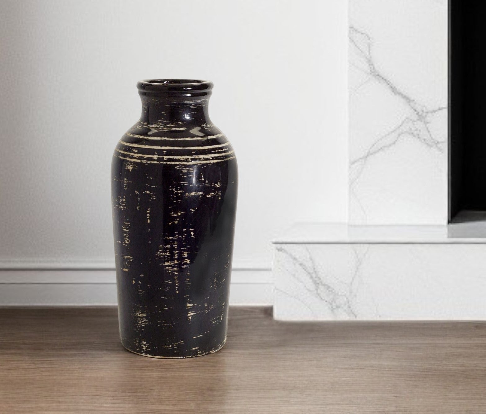 18" Black and Ivory Striped Urn Ceramic Floor Vase-Vases-DECOROLALA