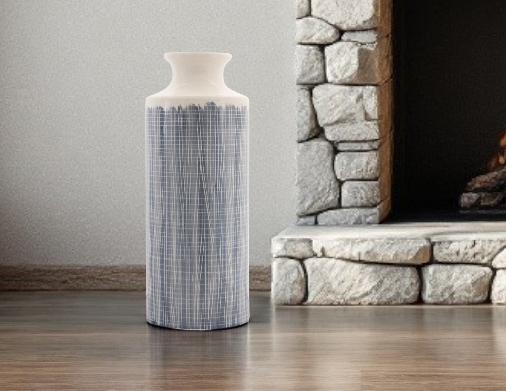 19" Blue and White Geometric Cylinder Terracotta Floor Vase-Vases-DECOROLALA