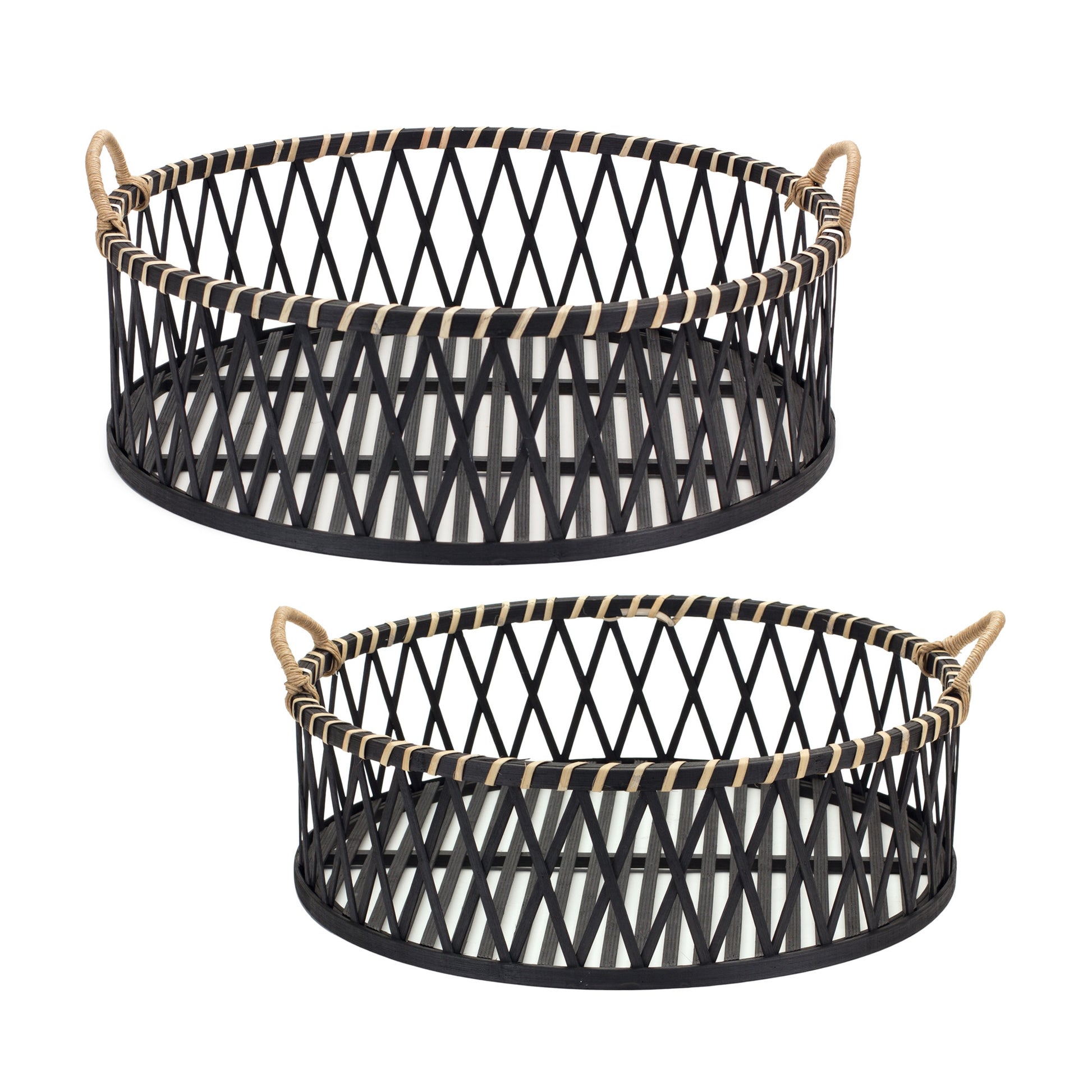 Set of Two Black and Tan Round Bamboo Serving Tray With Handles-3