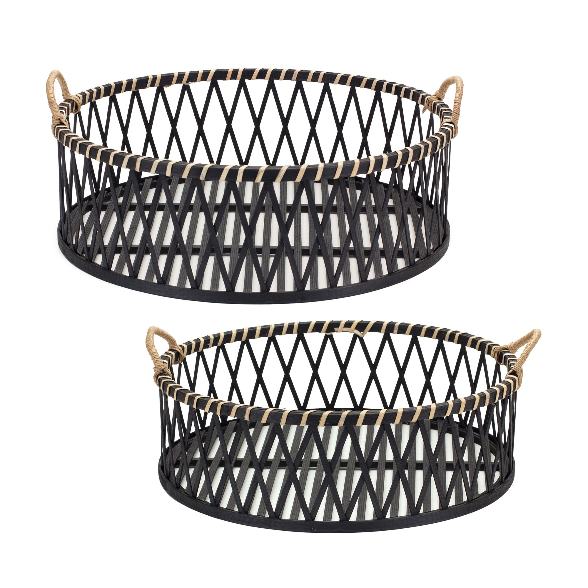 Set of Two Black and Tan Round Bamboo Serving Tray With Handles-3