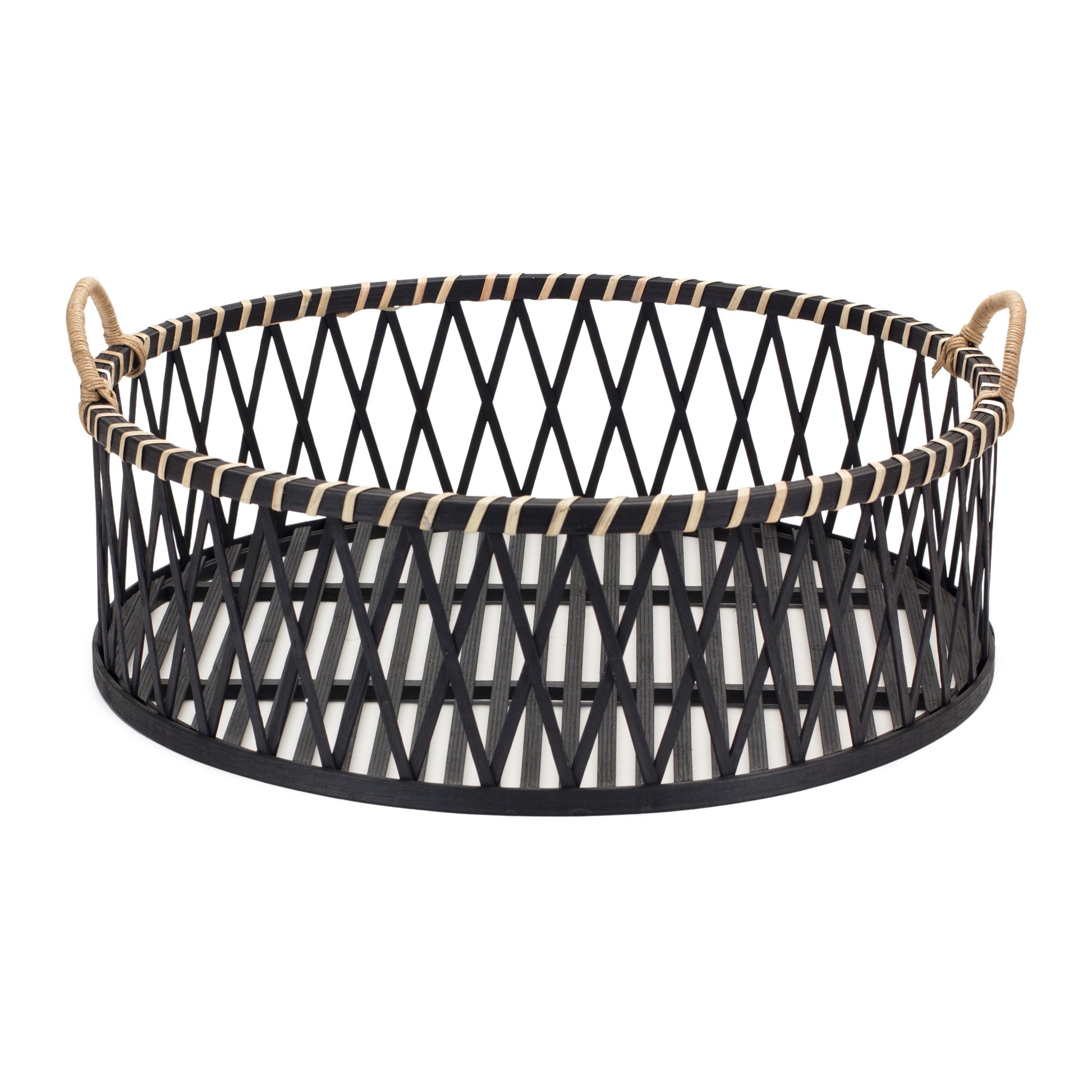 Set of Two Black and Tan Round Bamboo Serving Tray With Handles-2